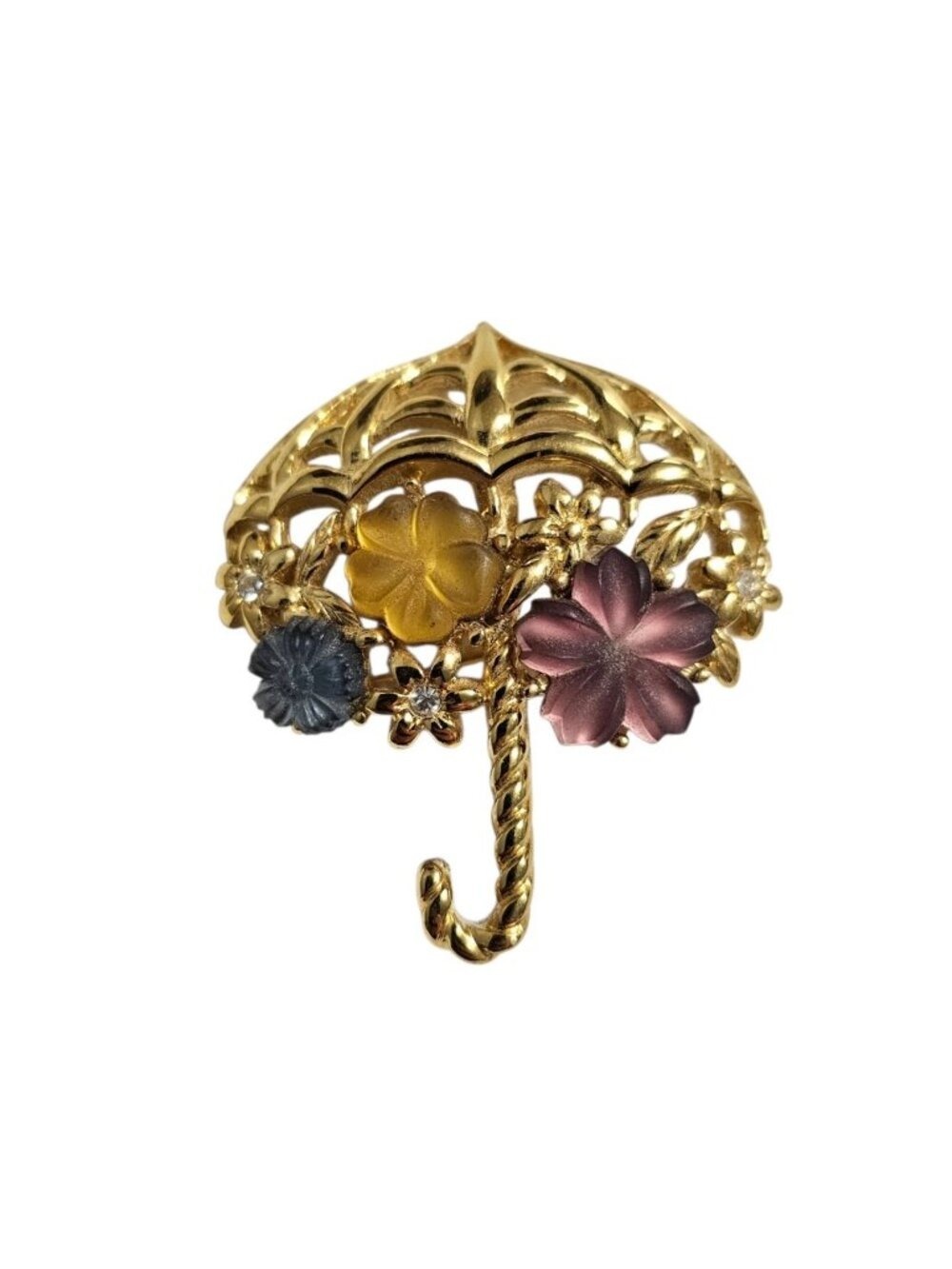 Vintage Monet Brooch Frosted Molded Glass Umbrella Flowers Gold Tone Pin 1970s